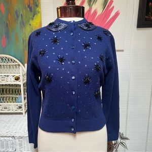 True vintage navy/dark royal blue wool,beaded and sequin button up cardigan